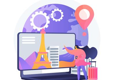 Illustration graphique d'une femme avec une valise devant un écran avec la tour eiffel et la planète, illustre le tourisme