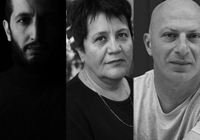 Portraits en noir et blanc des intervenants Hovik Afyan, Susanna Harutyunyan et Jean-Chat Tekgyozyan.
