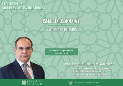 Visuel de la conférence "Ismaili Cosmology – Nature and Religion" avec le portrait de l'intervenant