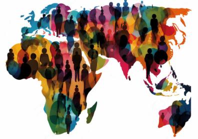Carte du monde en couleurs aquarelles et des ombres qui représentent des humains partout dans le monde