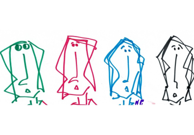 Dessin de 4 personnages vert, rouge, bleu et noir
