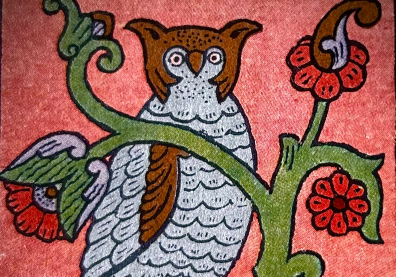 Dessin d'une chouette au milieu de fleurs