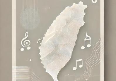 A minimalist vertical poster featuring a soft, clean map of Taiwan in the center, created with fine white or light gray lines on a muted beige or ligh 