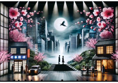 Scène de théâtre de nuit avec une vue sur la ville et buildings au fonds, au milieu deux jeunes qui se regardent, la pleine lune et des cerisiers en fleurs