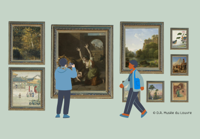 Illustration de deux jeunes personnes qui visitent un musée. Plusieurs tableaux du Louvre sont accrochés au mur