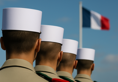 Quatre hommes en képi blanc de dos avec le drapeau français en arrière plan