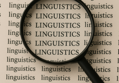 Une page avec écrit "linguistics" avec une loupe