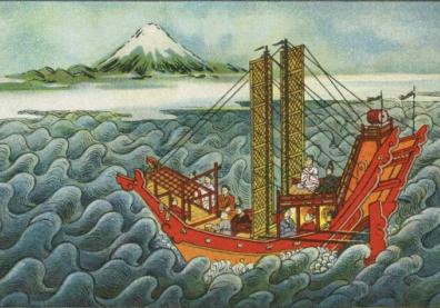 Tableau chinois d'un bateau en mer