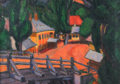 Une peinture qui représente un village au coeur d'une forêt 