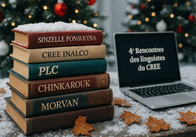 Vieux livres enneigés sur une table à côté d'un ordinateur et en arrière plan deux sapins de Noël