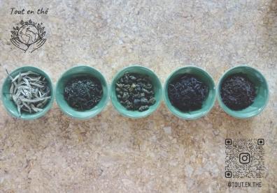5 tasses avec différents types de thé 