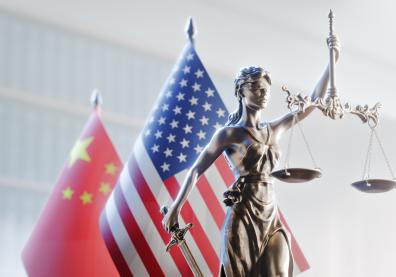 Lady Justice with the USA and China Flags - Symbol of Diplomacy and International Law By Sikov
