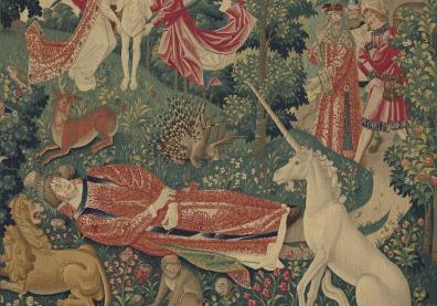 Tableau représentant un homme allongé au sol avec une licorne et autres animaux autour de lui, deux anges l'emmènent 