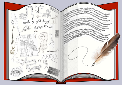 Livre ouvert avec sur la page de gauche des dessins et sur la page de droite des écritures et une plume