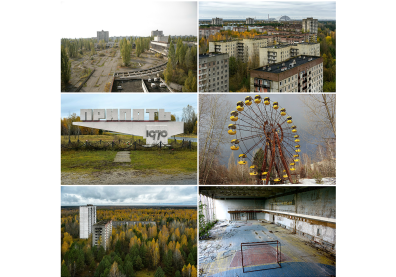 Montage de 6 photos avec des immeubles, un monument avec une écriture en cyrillique, une grande roue et un gymnase avec des cages de handball