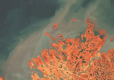 Image satellitaire du delta du fleuve Mackenzie dans l’Arctique canadien prise en 2025