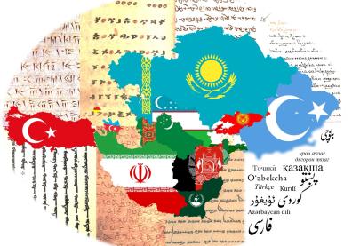 Patchwork des drapeaux de l'Iran et de différents pays turciques sur des manuscrits