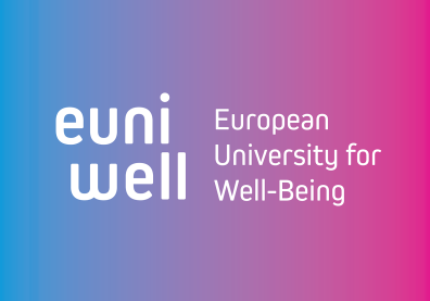 Logo EUniWell apposé sur un dégradé de couleurs allant du bleu au rose
