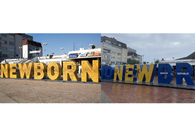 Montage de deux photos avec des grosses lettres jaunes et bleues
