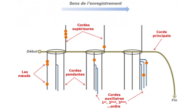 Quechua - Figure 1. Schéma d’un quipu standard Inca composé d’une corde principale, des cordes secondaires : pendantes, supérieures et auxiliaires, et des nœuds. (Dessin C. Gonzalez).