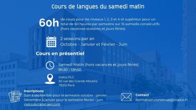 récapitulatif des modalités des cours du samedi de la formation continue : 60h de octobre à janvier , 9h30-13h30, en présentiel