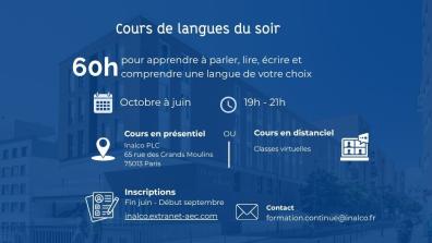 récapitulatif des modalités des cours du soir de la formation continue : 60h, 19-21h, en présentiel ou distanciel