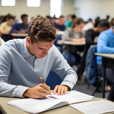 Personnes en situation d'examen qui écrivent sur une feuille assis à leur bureau