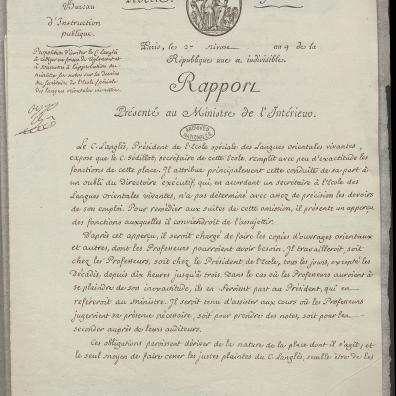 apport présenté au ministre de l’intérieur au 27 nivôse an 9, 17 janvier 1801