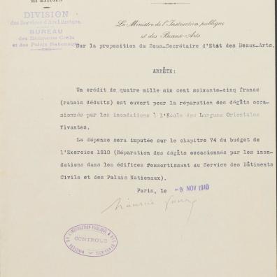 Minute d’un arrêté du ministère de l’instruction publique et des beaux-arts daté du 9 novembre 1910