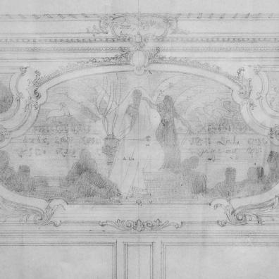 François-Benjamin Chaussemiche, Mur du côté face aux croisées et second projet de peinture murale, juillet 1908, papier calque, crayon, Archives nationales de Pierrefitte, 20190227/36/4