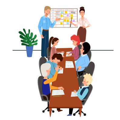 Illustration de plusieurs personnes assises autour d'une table entrain d'écrire et deux personnes montrant des choses au tableau