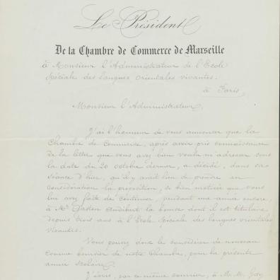 Lettre du président de la chambre de commerce de Marseille adressée à l’administrateur de l’École spéciale des langues orientales vivantes, 4 novembre 1876