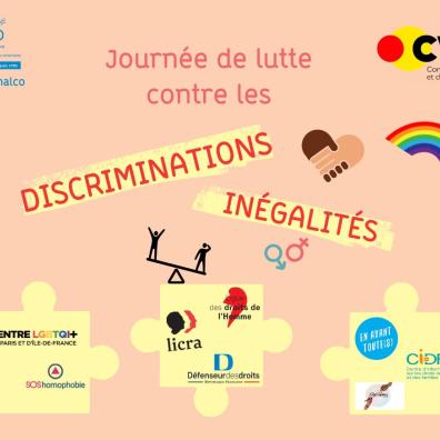 Visuel des journées de lutte Discrimination Egalité F-H avec logos des intervenants