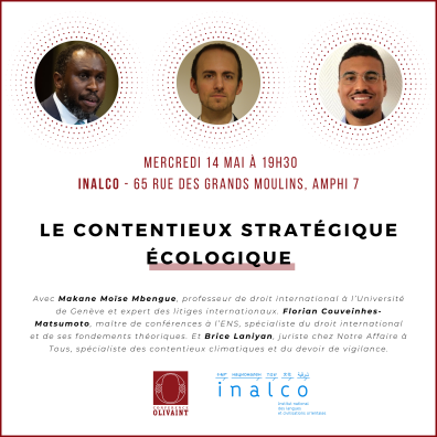 Visuel de la conférence "Le contentieux stratégique écologique" avec les portraits des 3 intervenants