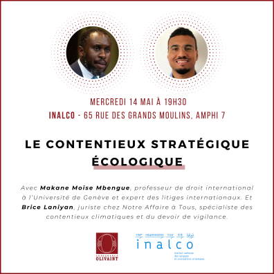 Visuel de la conférence "Le contentieux stratégique écologique" avec les portraits des 2 intervenants
