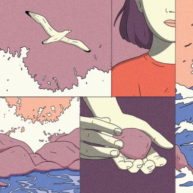 Plusieurs illustrations d'une jeune fille de dos qui regarde la lune sur un rocher, une vague, une mouette qui s'envole, la vague s'écrase contre les rochers