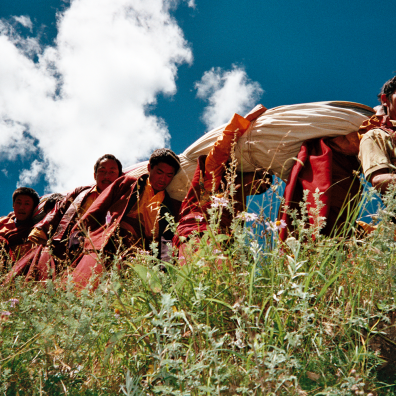 Tibetan monks walk through nature carrying a large cloth on their backs