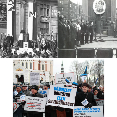 Montage de 3 photos dont deux en noir et banc et en couleur avec des manifestatnts en bonnet et Chapka