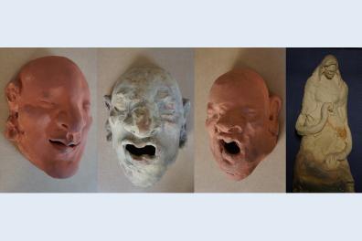 Statuette "budha du champ" et série de masques - œuvres de l'artiste Kinjo Minoru