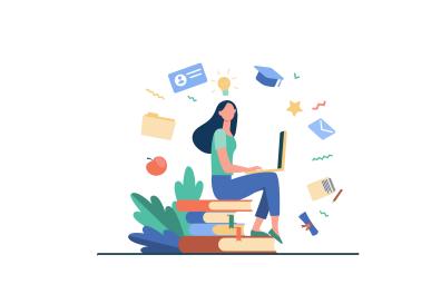 Illustration d'une étudiante assise sur un pile de livres