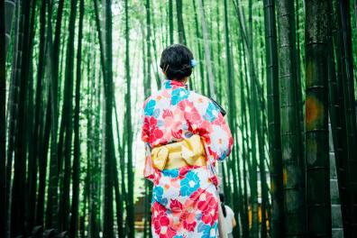 Femme en kimono de dos dans une forêt de bambous