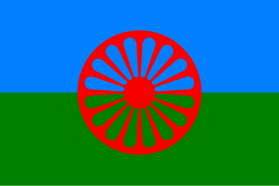 Le drapeau est constitué de deux bandes verte et bleu, avec au milieu une roue qui symbolise la route, le voyage et les origines indiennes