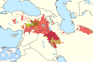 Carte du monde colorées aux endroits où on parle le kurde