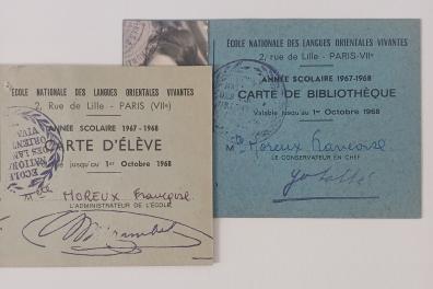 Cartes d'élève et de bibliothèque l'Ecole nationale des langues orientales vivantes pour l'année 1967-1968.