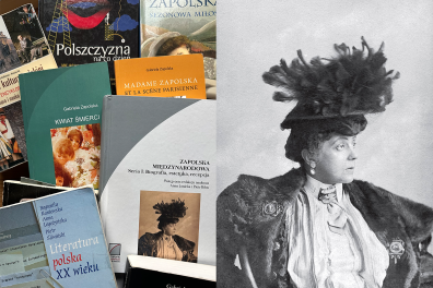 Collage d'une photo de plusieurs livres en polonais et portrait de l'autrice 