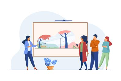 Illustration d'une personne devant une oeuvre qui réalise une médiation devant 3 visiteurs 