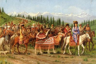Peinture de riches nomades sur des chevaux au milieu des montagnes