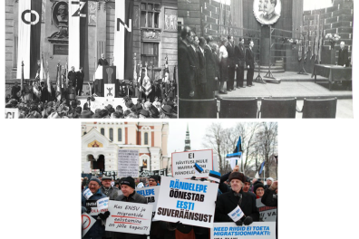 Montage de 3 photos dont deux en noir et banc et en couleur avec des manifestatnts en bonnet et Chapka