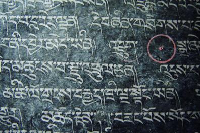 TIbet - 3. Dbu can Détail d’un manuscrit tibétain en dbu can (“avec tête”) Le trait horizontal supérieur est la tête, donnant ainsi son nom à cette écriture.