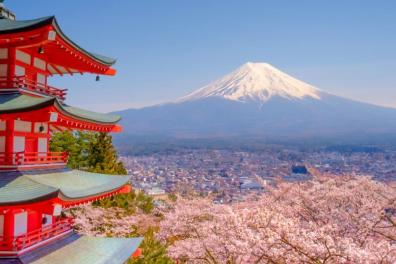 Image représentant le Japon : Mont Fuji, des cerisiers et la tour d'un temple rouge.